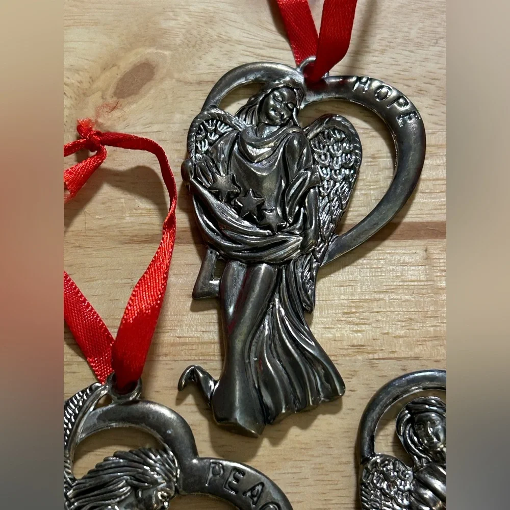 Lenox Set 3 Silver Plated Christmas Angels Ornaments Hope Peace Love No Box